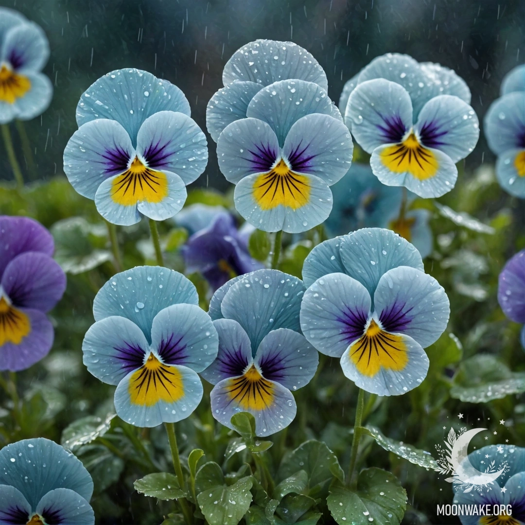 A serene scene of pansies under the rain in the mist at night.