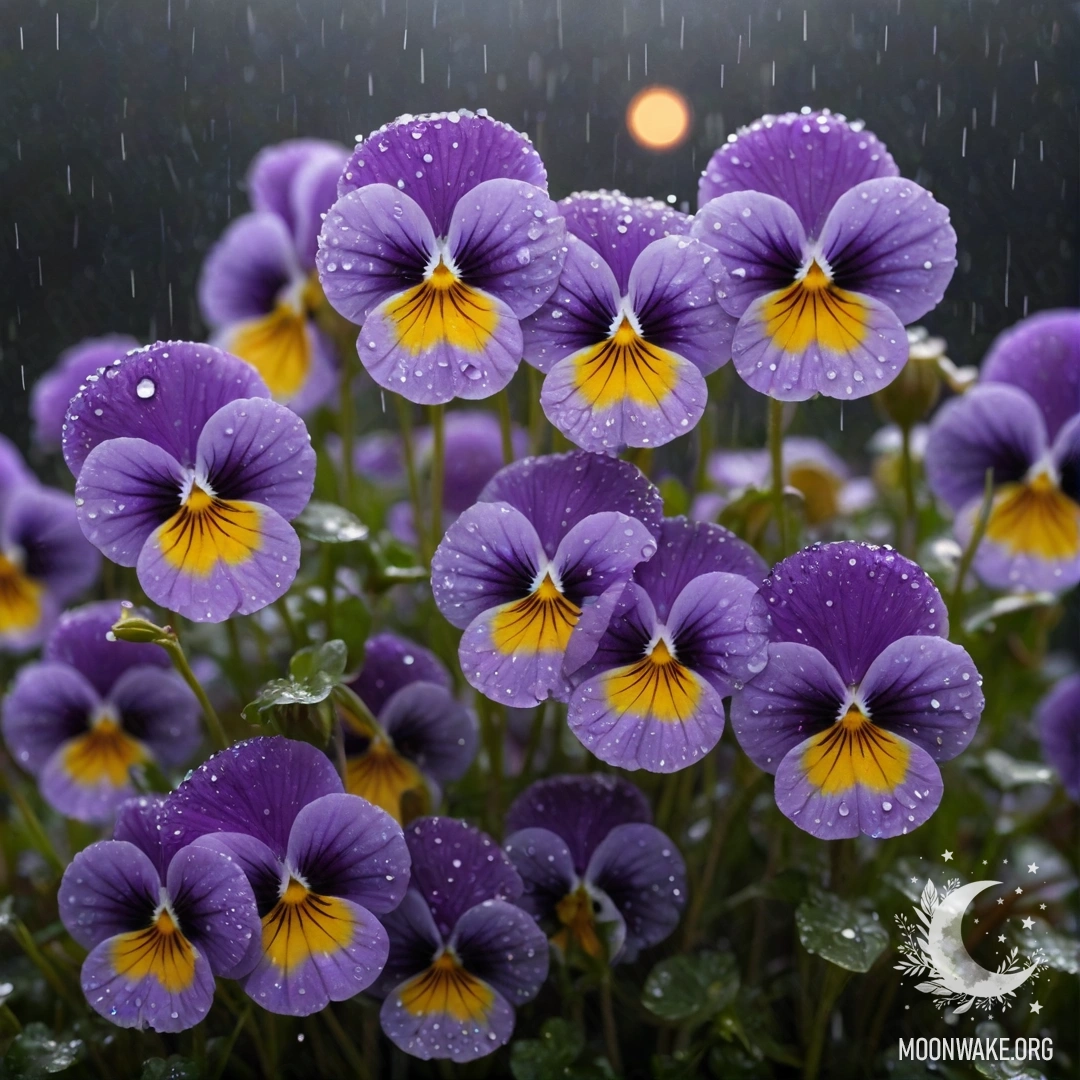 Purple pansies in the mist, shimmering with rhinestones in the rain at night.