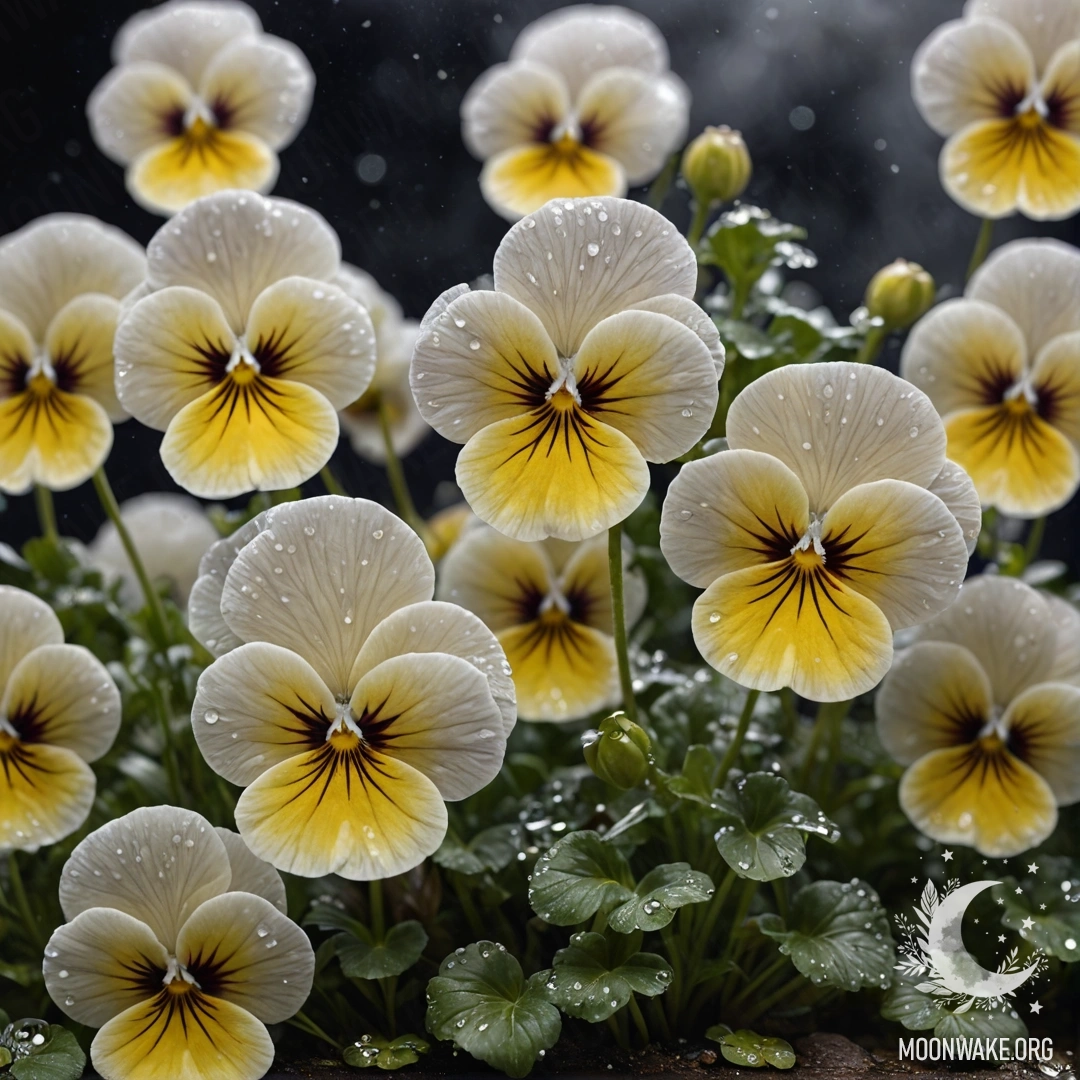Calm Pansies in Misty Night A serene scene of cream yellow pansies in the mist at nighttime, embellished with rhinestones.