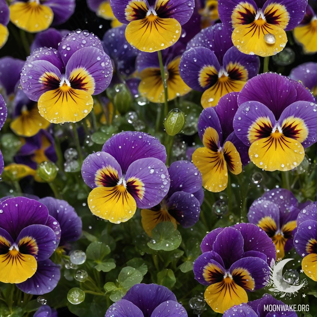 A serene night scene featuring calm pansies adorned with dew drops and golden rhinestones.