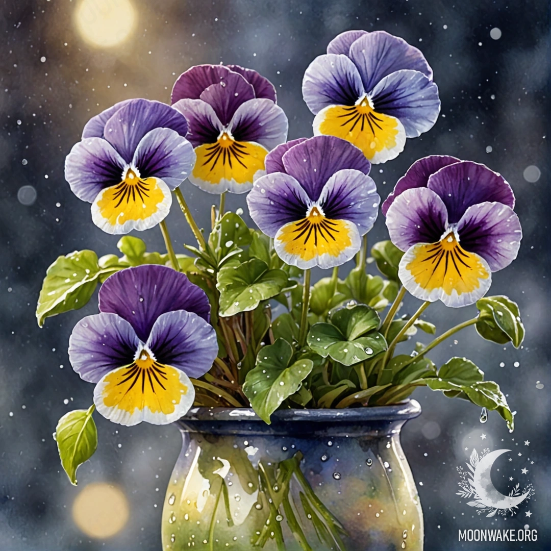 A vase holding olive-colored pansies adorned with dew drops at night.