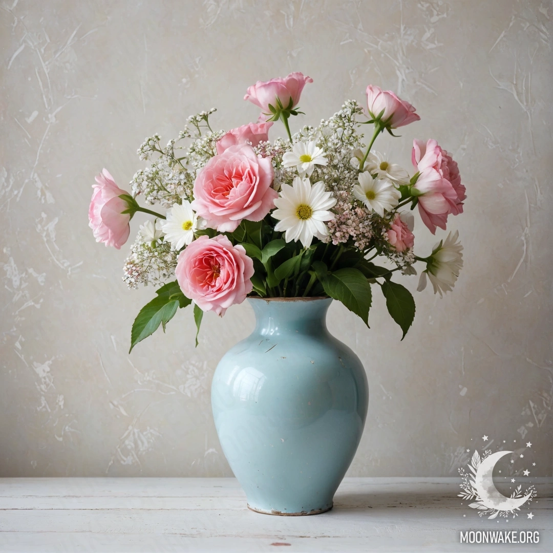Calm Pastel Blue Vase with Flowers A shabby metal vase in pastel blue holds white and pink flowers against a worn white wall.