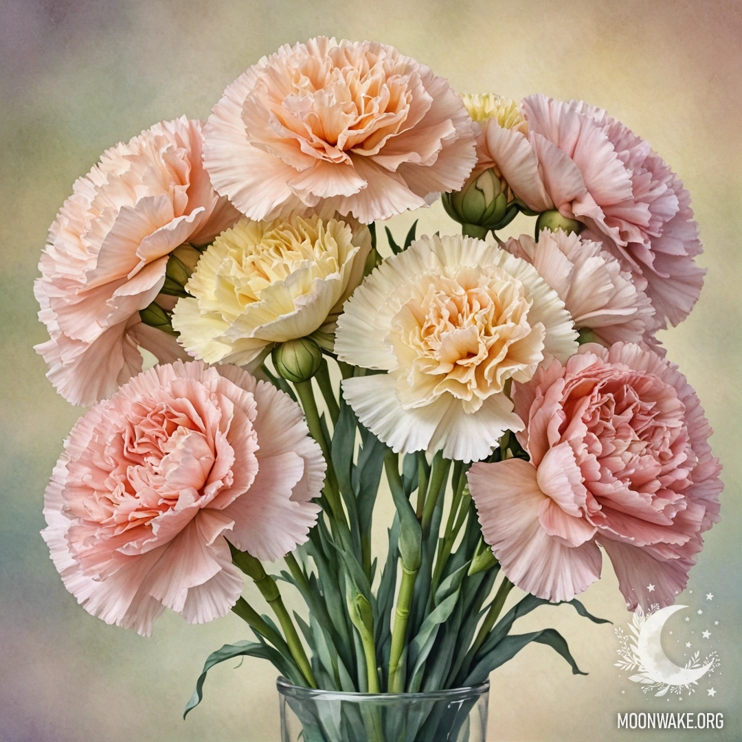 A serene bouquet of pastel-colored carnations in a watercolor style.