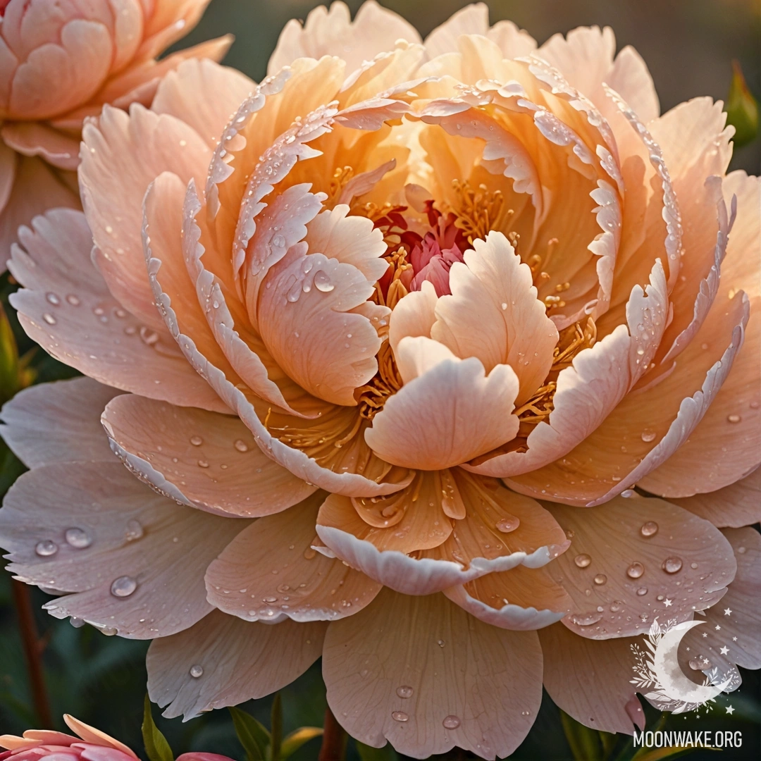 A tranquil peony adorned with glistening dew drops at sunset.
