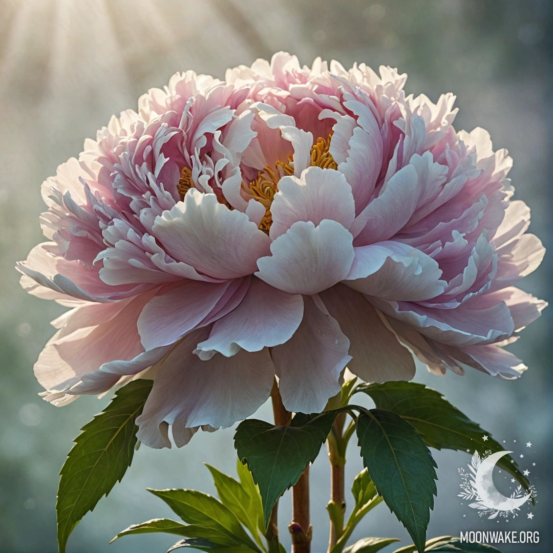 Calm Peony Bouquet in Mist A serene bouquet of peonies surrounded by mist and sunny rays.