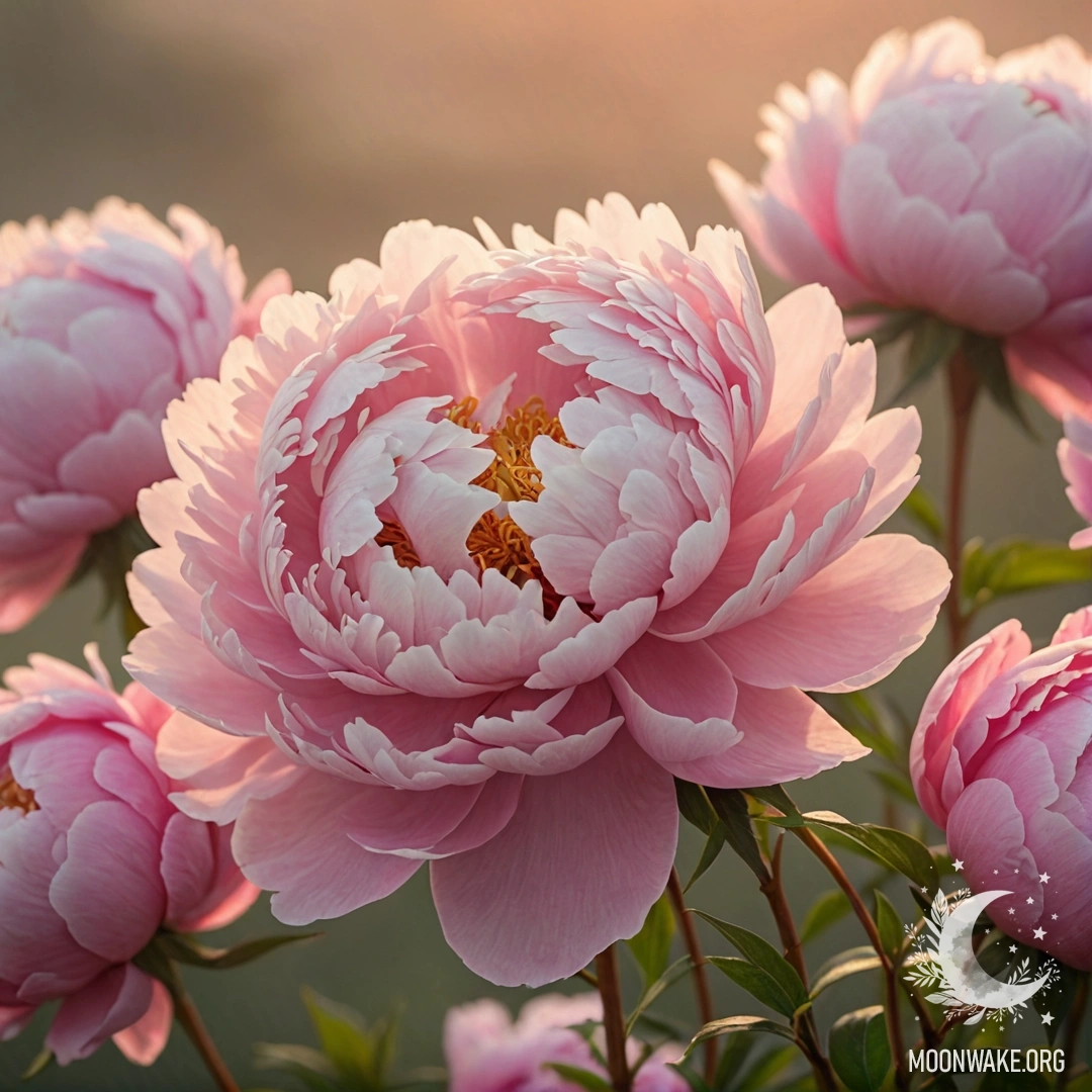 A delicate bouquet of pink peonies enveloped in mist at sunset.