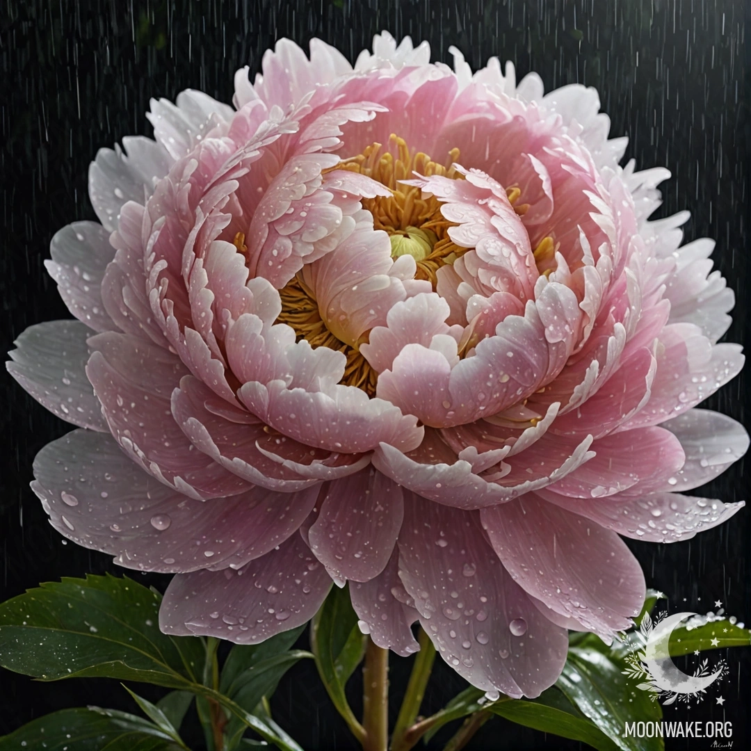 A bouquet of lime-colored peonies under the rain at night.