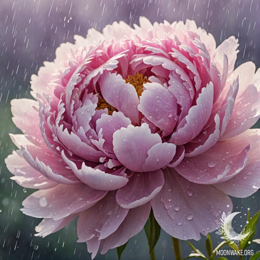 A delicate bouquet of purple peonies drenched in rain with sunlight filtering through.
