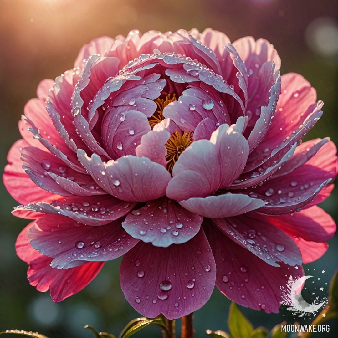 A calm peony adorned with dew drops, glowing at sunset in fuchsia hues.