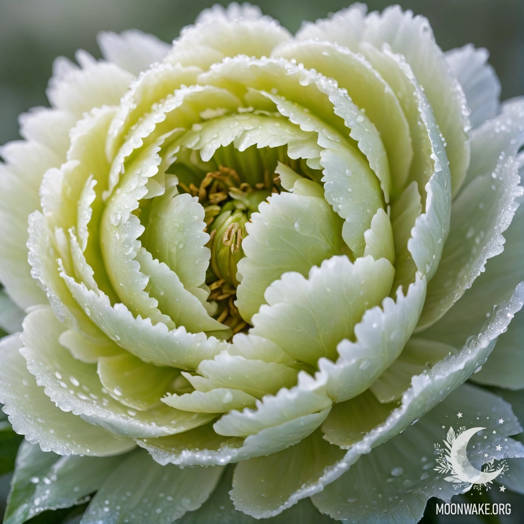 A single peony in frost with lime sequins, capturing a serene beauty.
