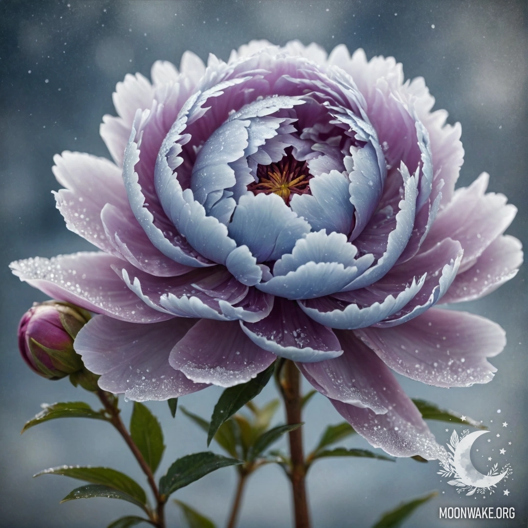 A calm blue peony covered in frost and glitter.