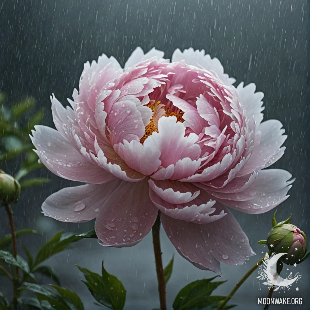 Calm Peony in Misty Rain A soft peony flower enveloped in mist, softly illuminated by rain at night.