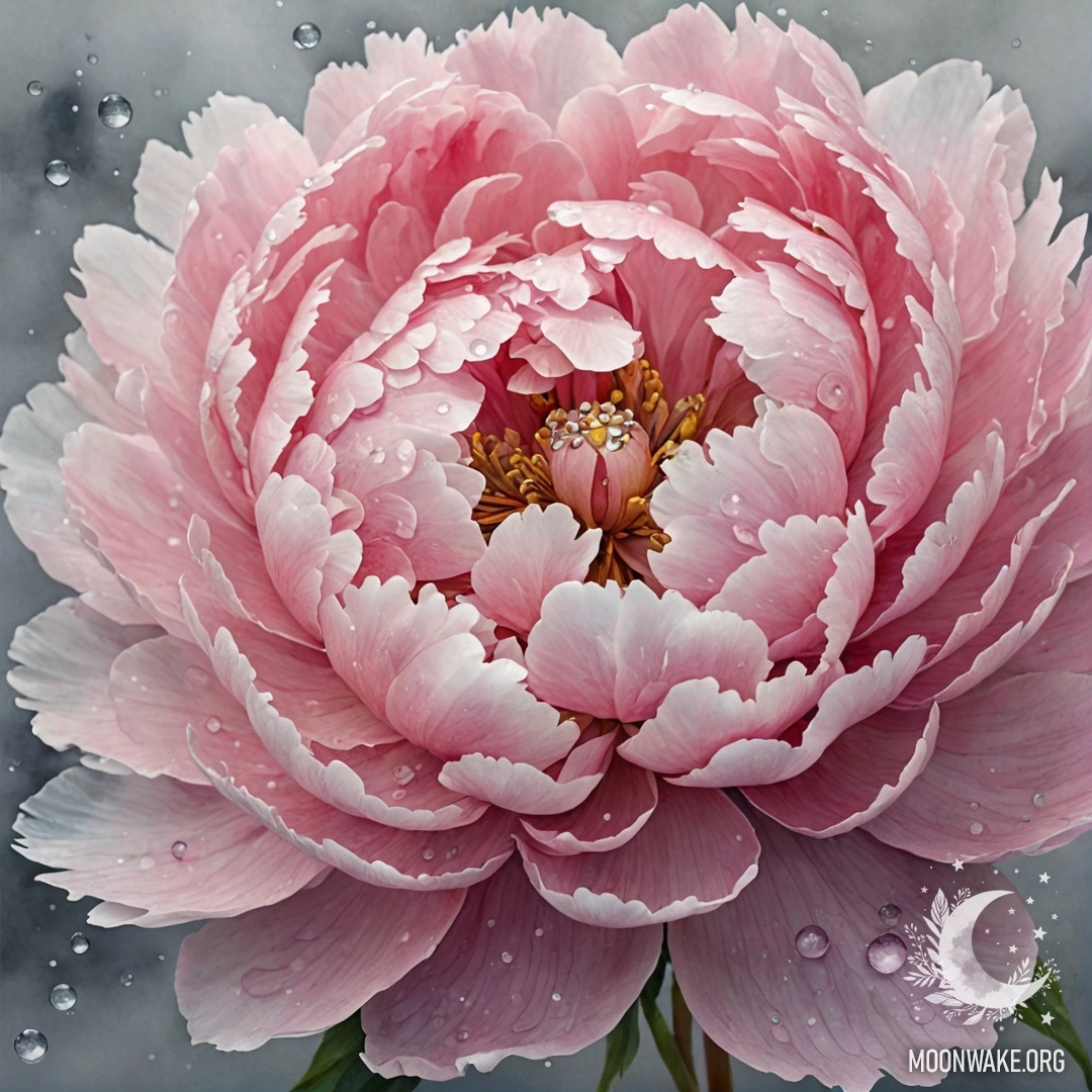 A serene pink peony flower surrounded by mist and sparkling rhinestones.