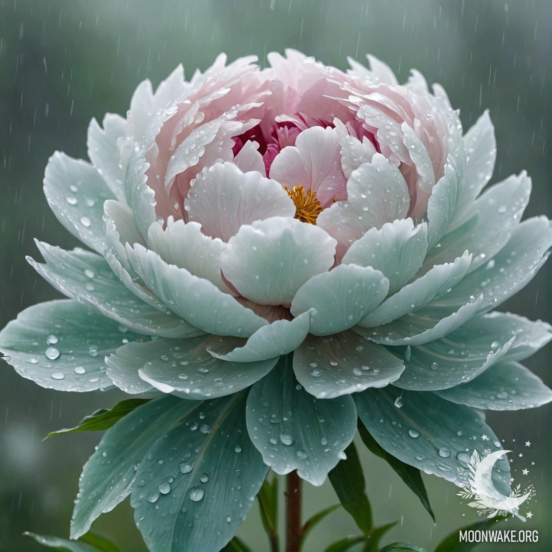 A delicate peony surrounded by mist, adorned with mint-colored rhinestones, falling rain droplets.