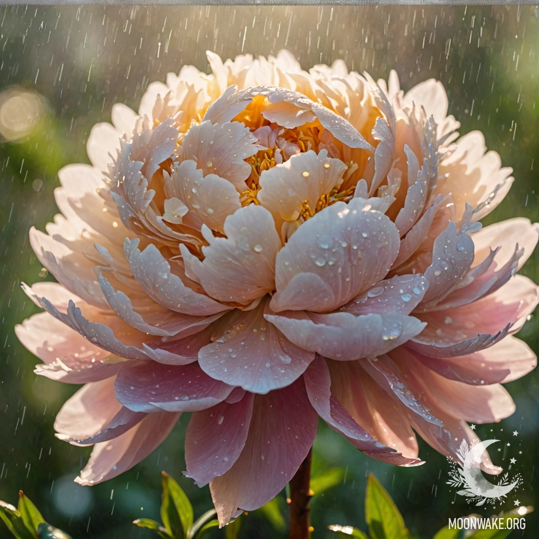 A calm peony surrounded by mist and rain, glowing with golden sequins in sunlight.