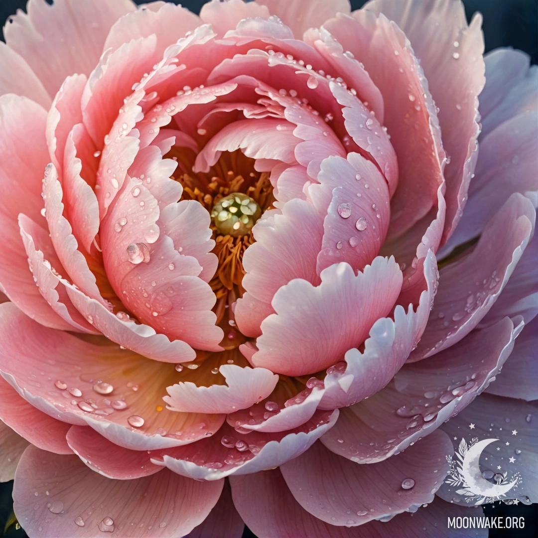 A serene peony adorned with dew drops at sunset, reflecting sea wave colors and sparkling rhinestones.