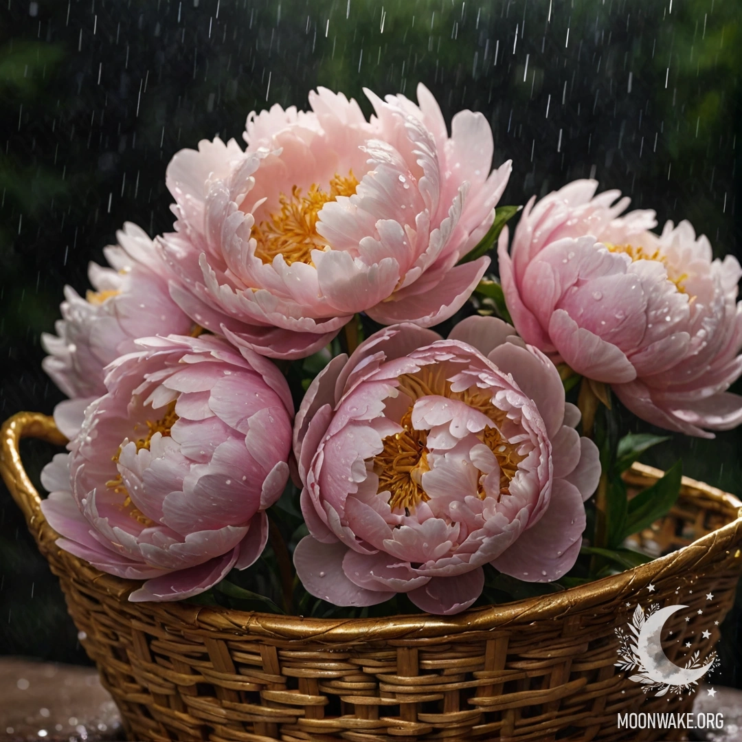 A calm peony nestled in a golden basket, glistening with raindrops at night.