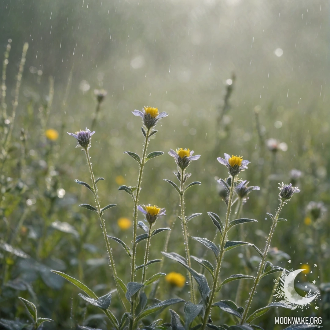 A delicate peony flower adorned with sequins, gently embraced by raindrops.