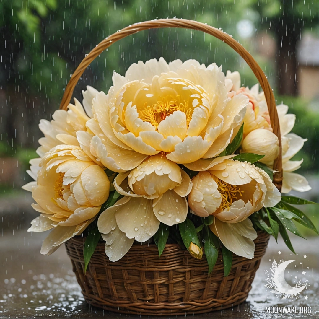 A serene pink peony resting in a yellow basket, gently drenched by rain.