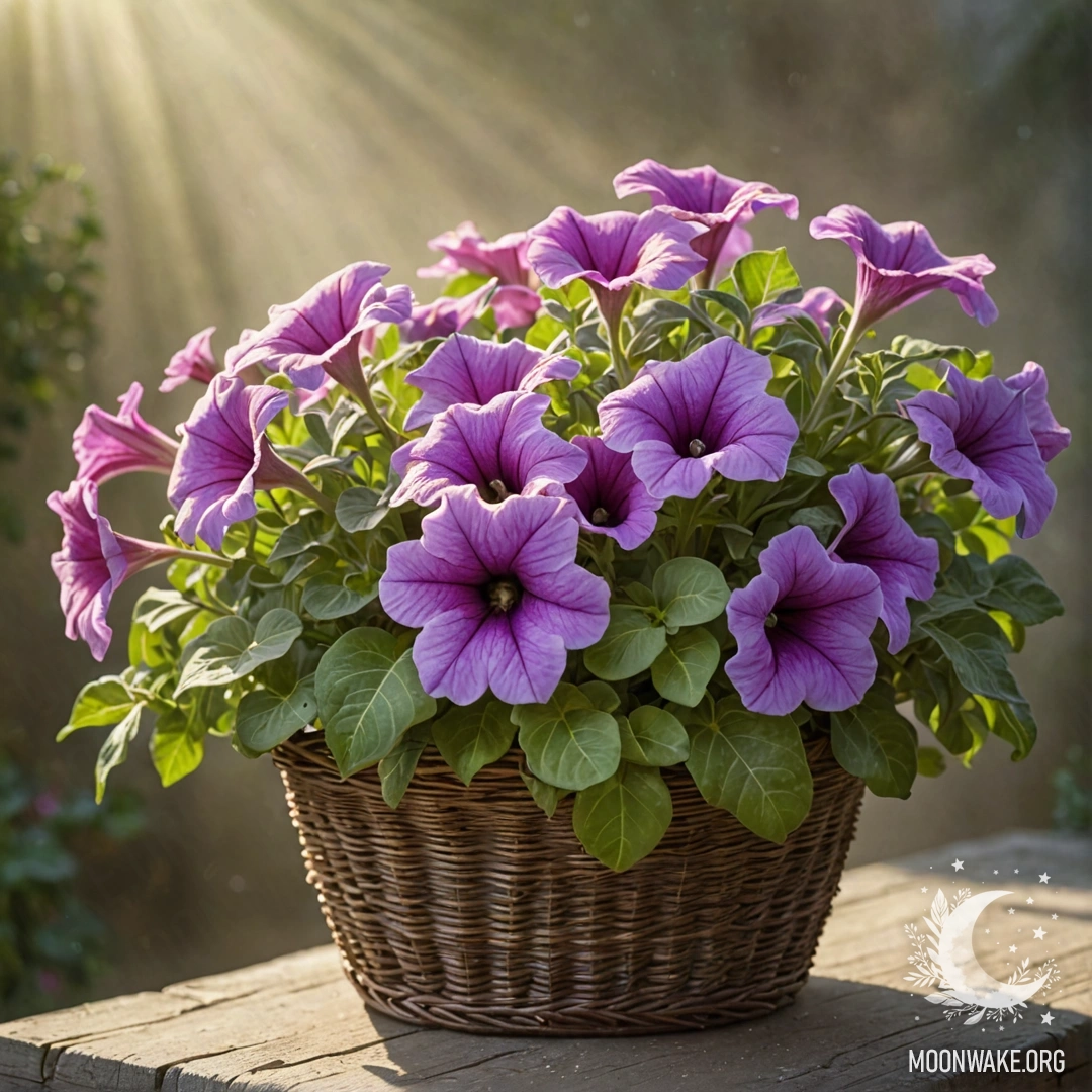 A serene petunia delicately placed in an olive-colored basket surrounded by mist and rays of sunlight.
