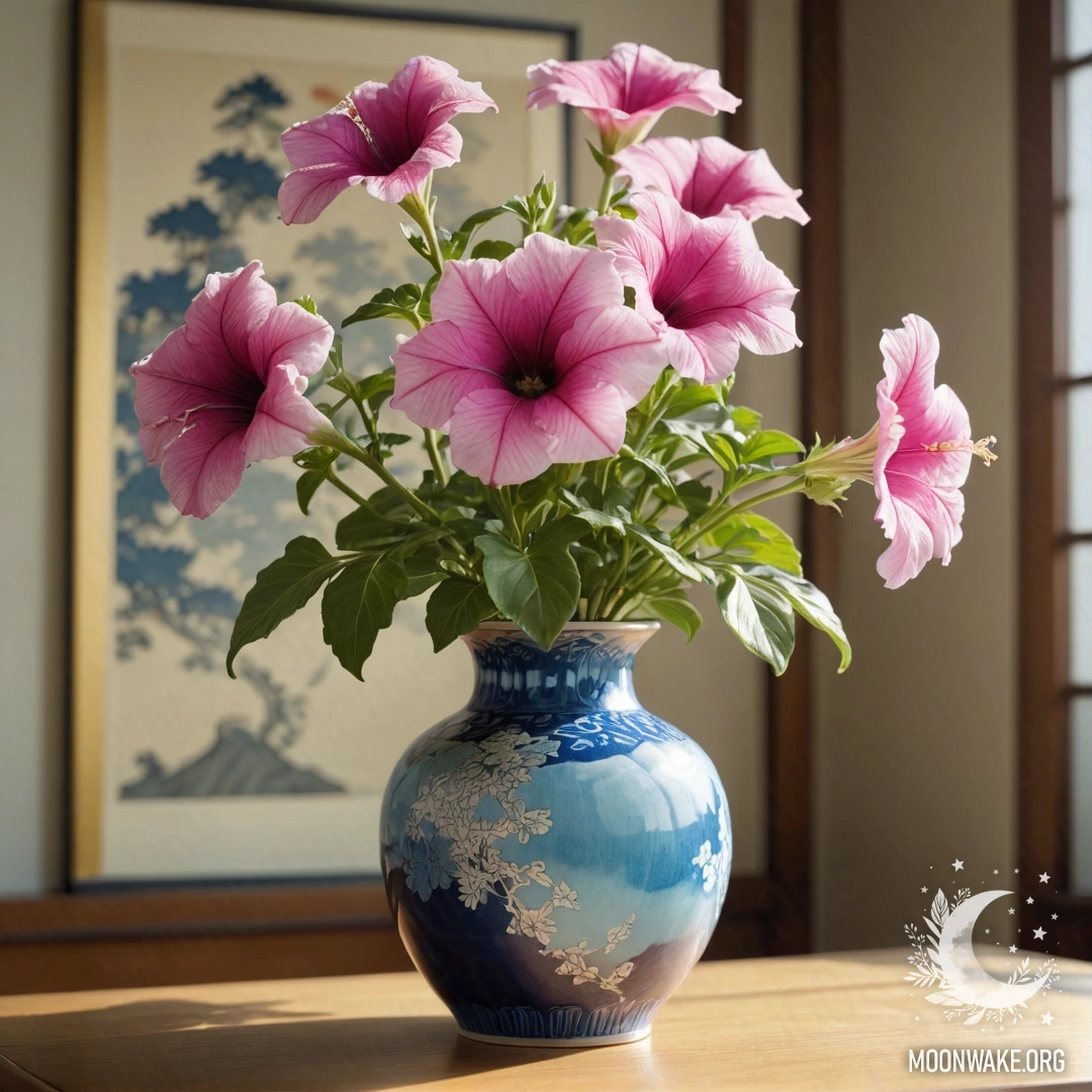 A calm petunia in a vase colored like sea waves, adorned with a web and illuminated by sunny rays.