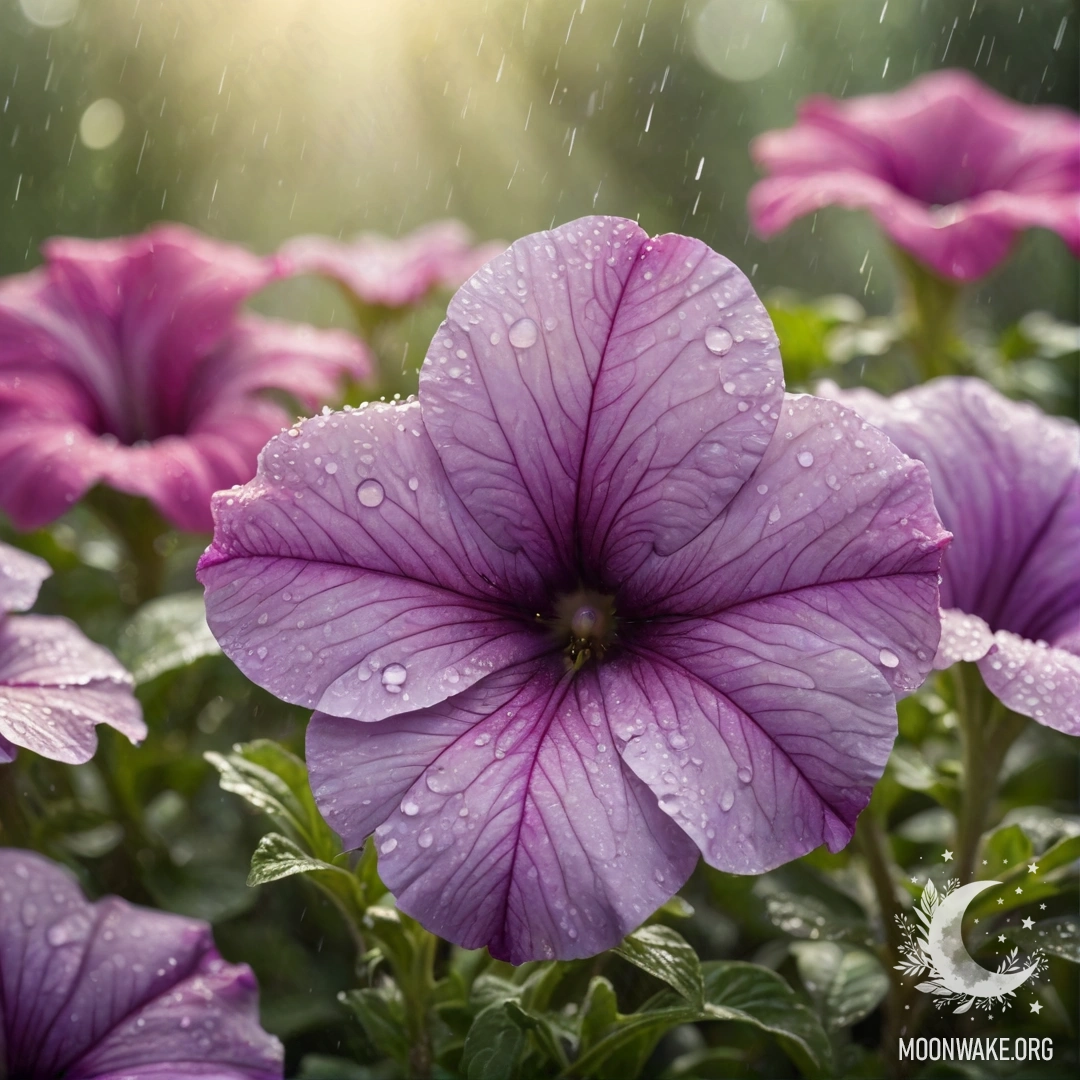 A calm petunia flower drenched in rain, set against a pastel background with sunny rays.