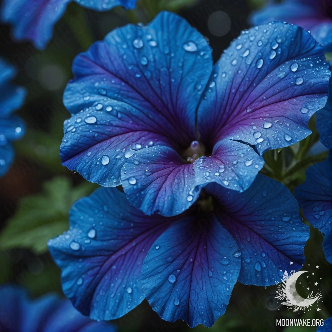 A calm petunia flower with dew drops on its petals against a blue background.