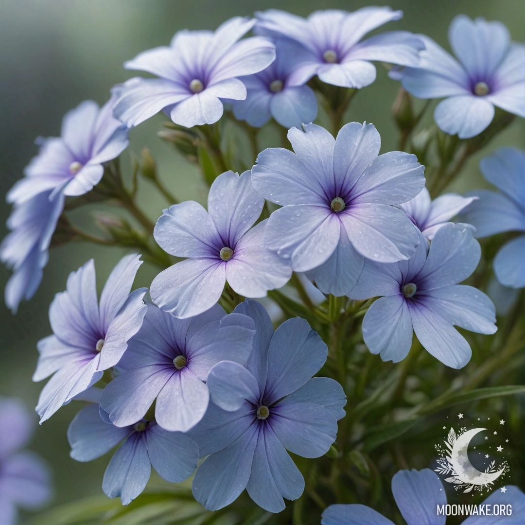 A serene bouquet of greenish blue phlox flowers surrounded by mist.