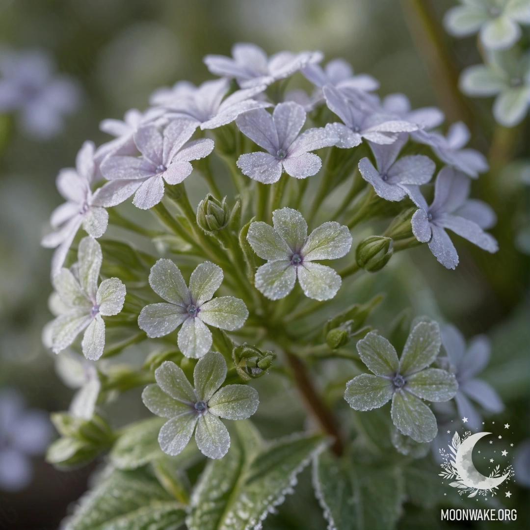 A delicate arrangement of lime-colored phlox surrounded by intricate frost patterns.