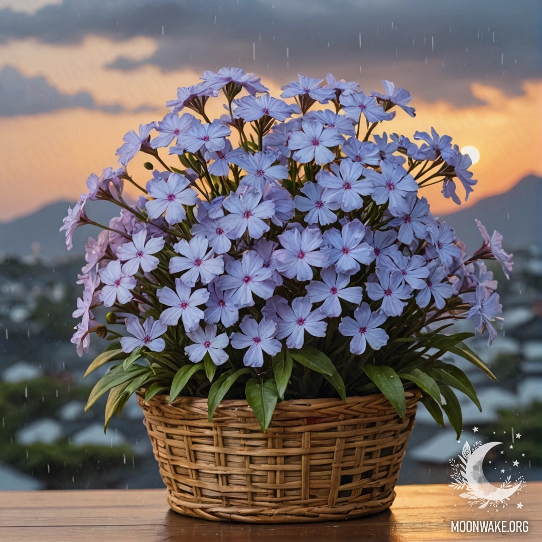A basket of sky blue phlox flowers soaked by rain during sunset.