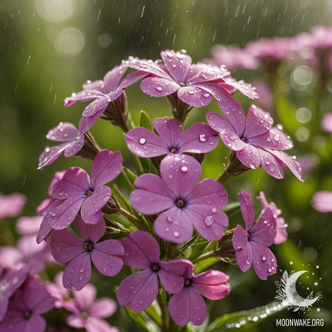 A vibrant red phlox flower glistening with raindrops under soft sunlight.