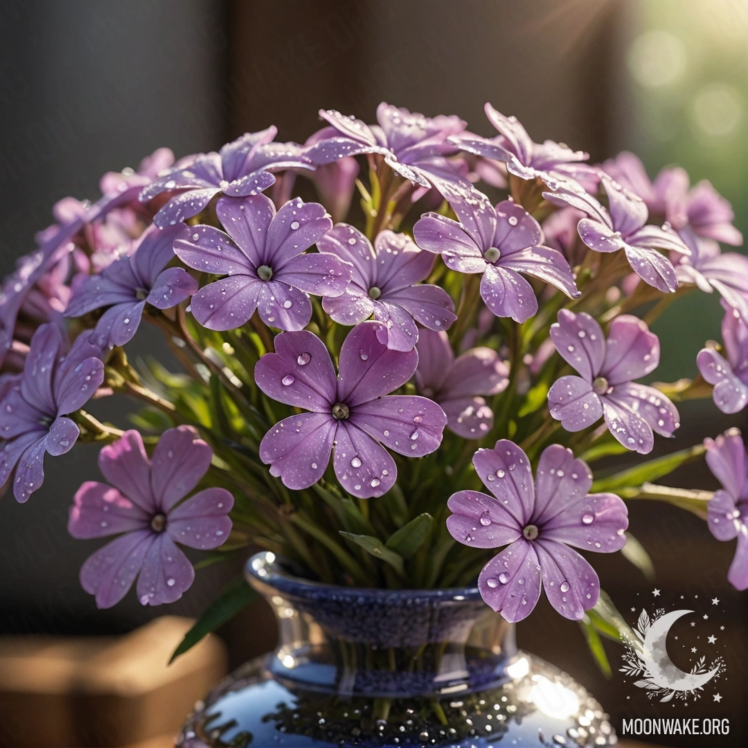 A vase containing lavender phlox flowers adorned with dew drops under sunny rays.