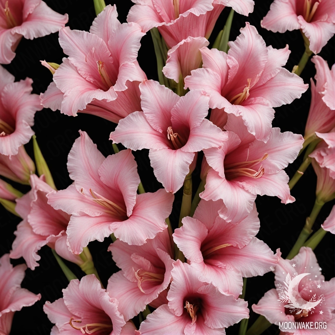 A serene pink gladiolus flower with intricate patterns under the night sky.