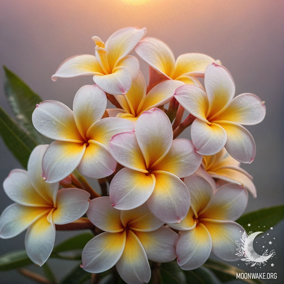 A serene bouquet of plumeria flowers made of nacre in fog at sunset.
