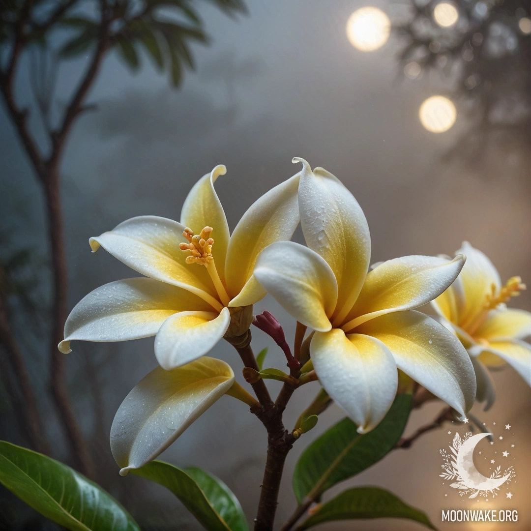 A serene plumeria flower surrounded by soft fog in a night scene.
