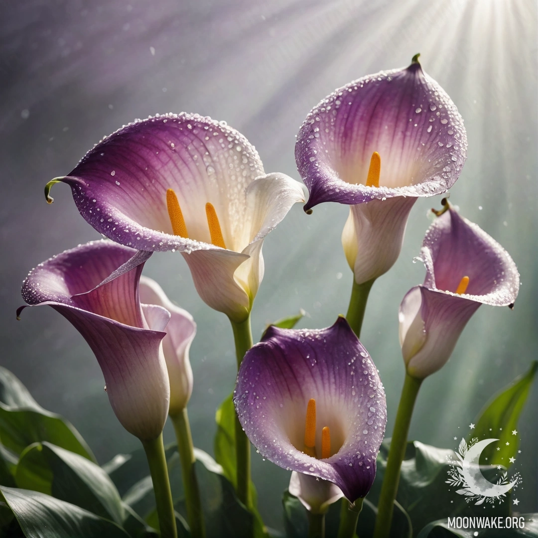 Calm Purple Calla Lilies in the Fog Delicate purple calla lilies surrounded by fog and soft sunlight, adorned with rhinestones.