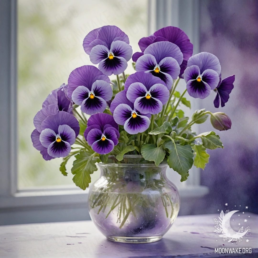 A vase holds calm purple pansies surrounded by a soft mist.