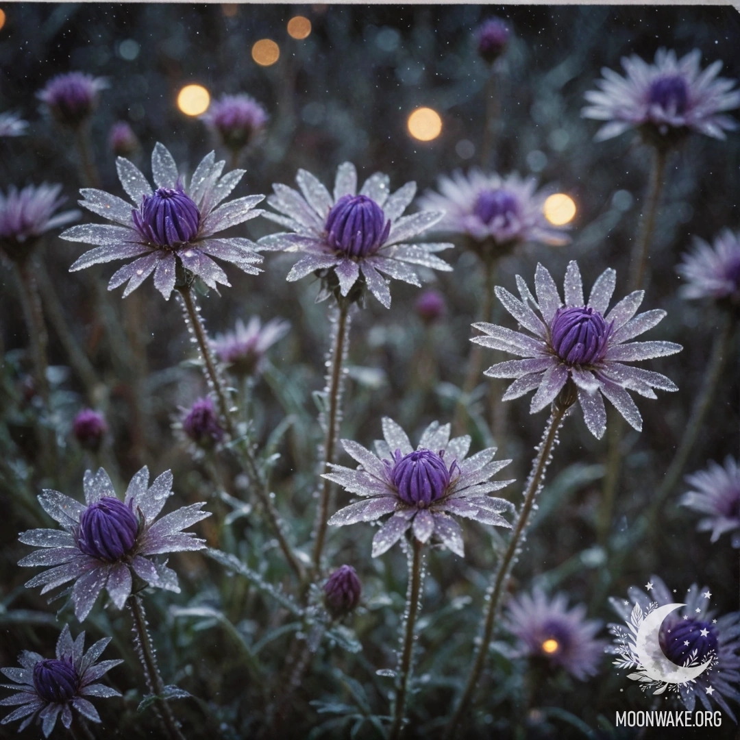 Calm Purple Wildflowers in Frosty Night A serene scene featuring wildflowers with a purple hue covered in frost at night, sparkling with glimmering frost.