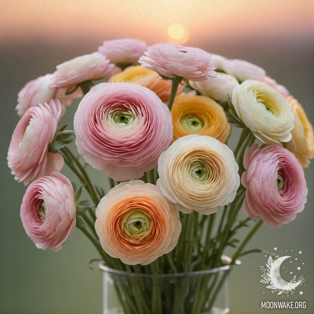 A serene bouquet of pastel ranunculus flowers at sunset.