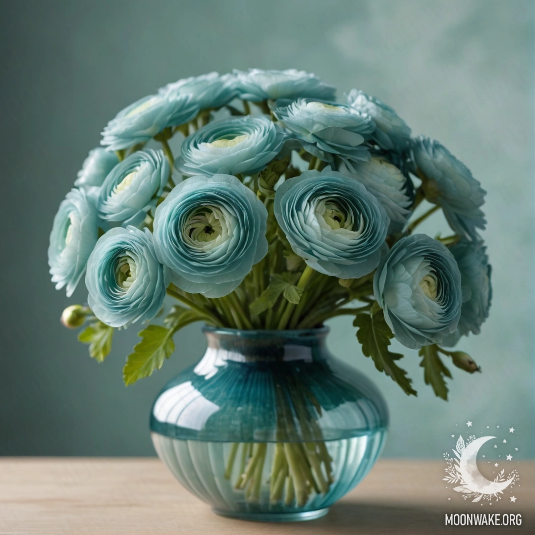 A calm ranunculus flower arranged in a delicate aquamarine vase.
