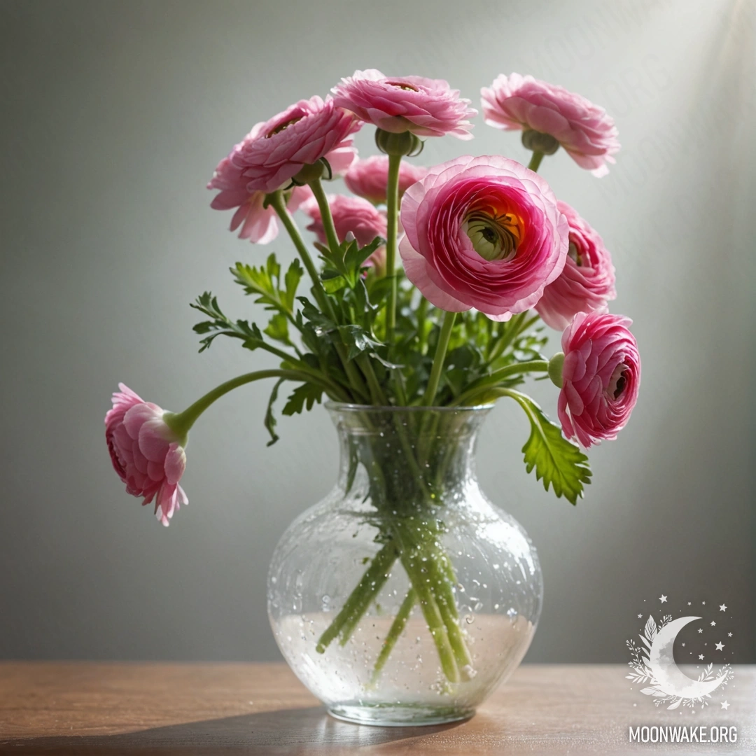 A soft pink ranunculus flower in a vase surrounded by fog and sunlight.