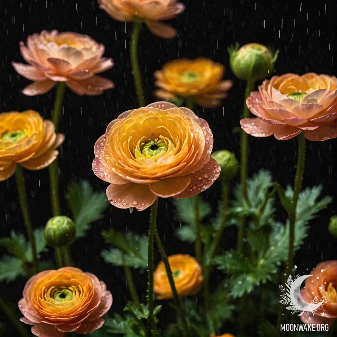 A calm ranunculus flower drenched in rain during nighttime.