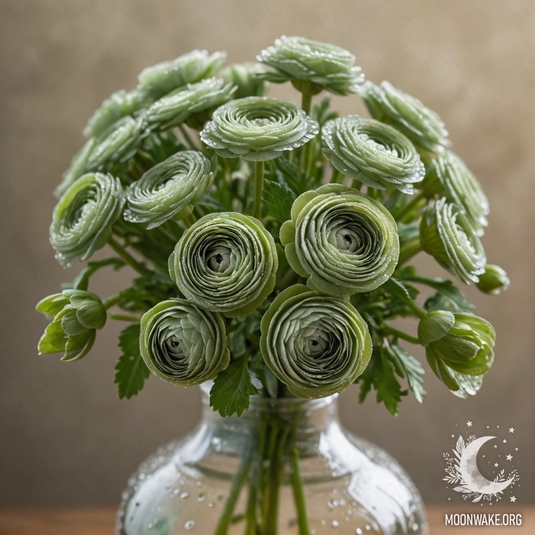 A serene ranunculus flower adorned with dew drops, arranged in a sage-colored vase.