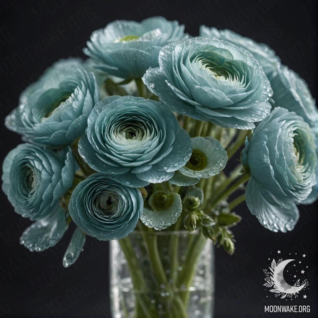 A serene floral arrangement featuring ranunculus flowers in a vase, adorned with dew drops against a night backdrop.