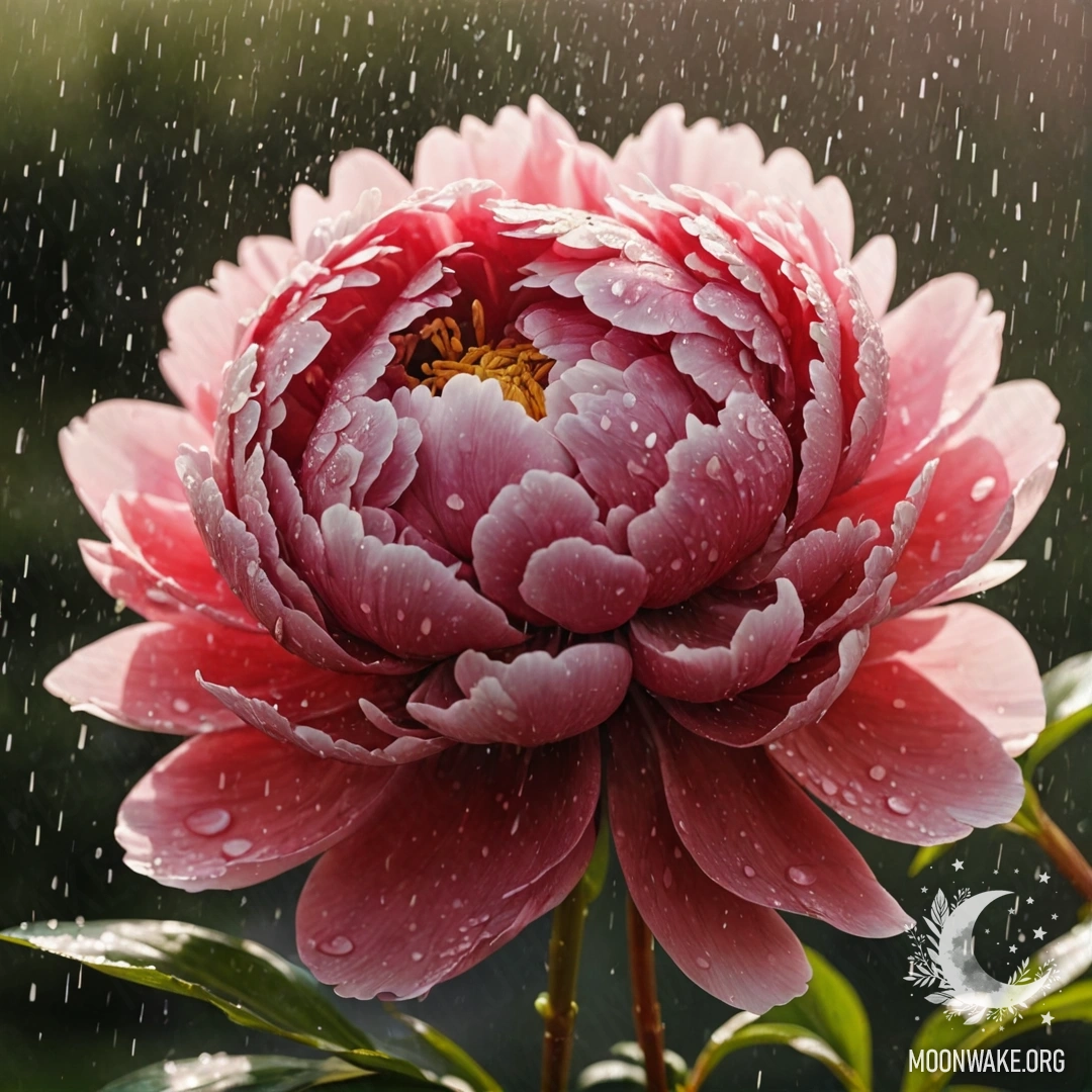 A red peony flower under rain, illuminated by sunny rays.