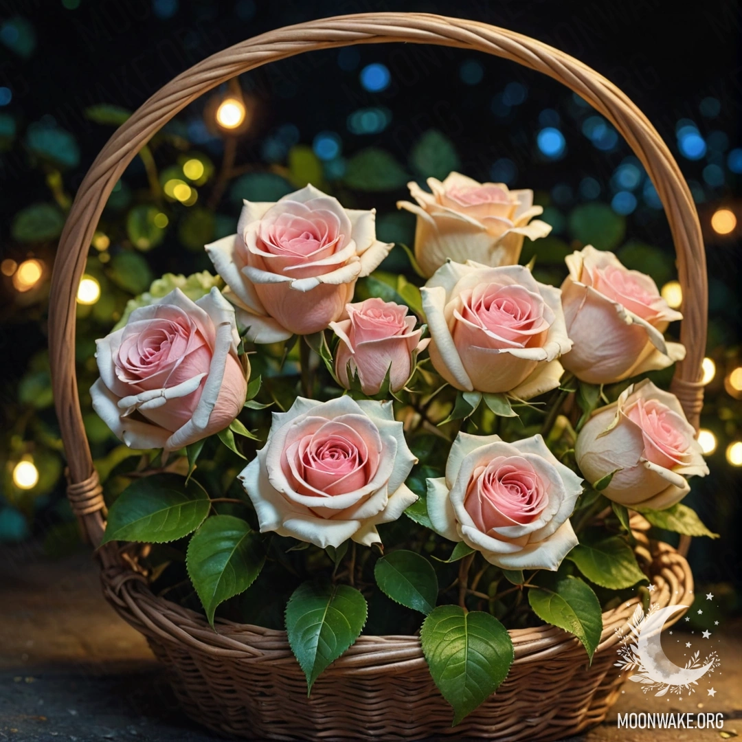 A serene rose resting in a lime-colored basket under the night sky.