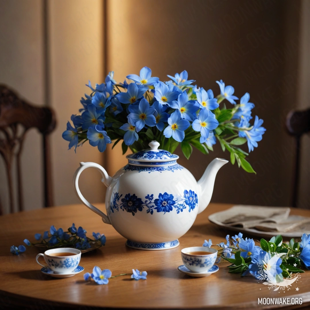 Calm Table with Porcelain Teapot and Flowers A round wooden table with a porcelain teapot holding blue flowers and fairy lights.
