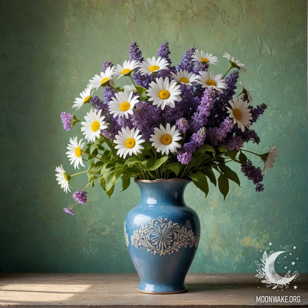 A shabby blue vase with daisies and lilacs against a greenish wall with sun rays.