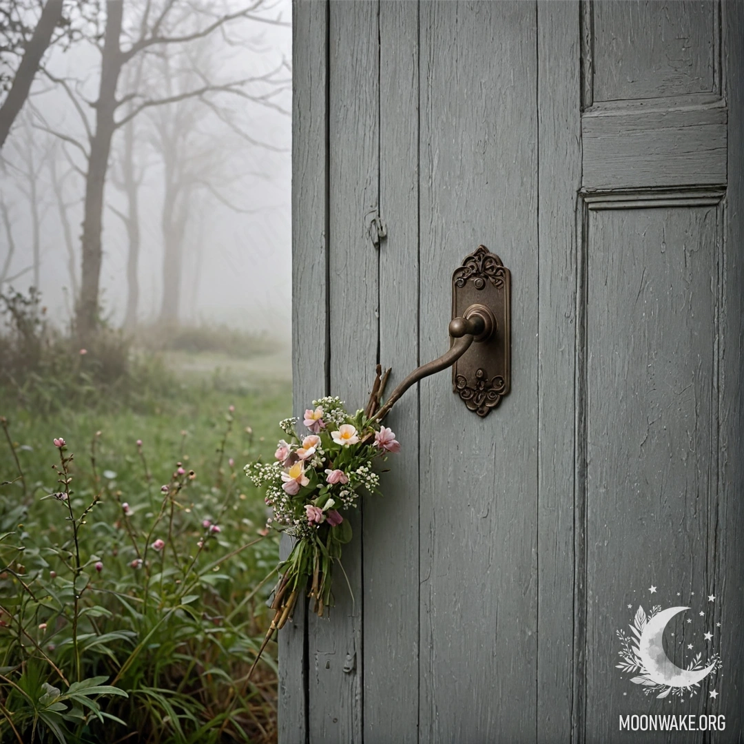 A shabby door adorned with twigs and flowers, shrouded in dense mist.