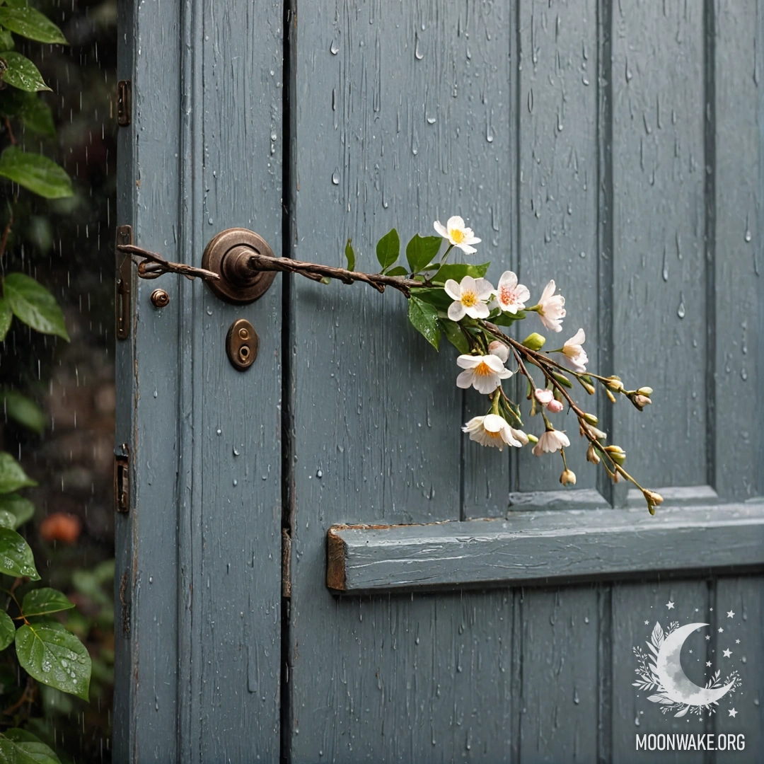 A shabby door adorned with twigs and flowers on the handle, set against a rain backdrop.